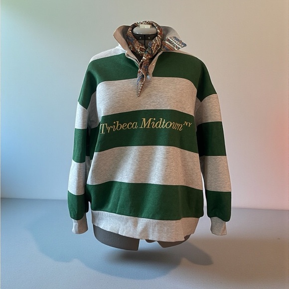 ZARA Tribeca Midtown Rugby Polo Sweatshirt Medium Green Gray Varsity Pullover - Picture 3 of 5